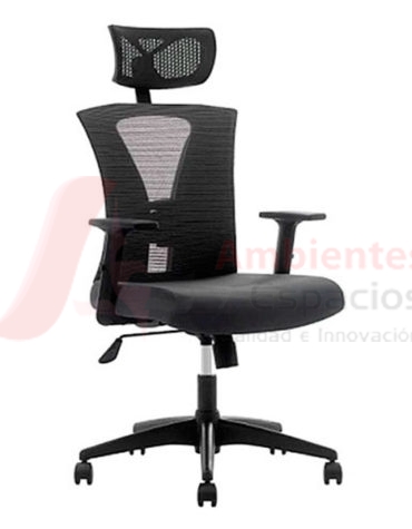 Silla giratoria presidencial Shanghai: Con mecanimso bascualnte y graducación de altura en asiento, ajuste en recueste de silla cuando no está en posición fija, brazos graduables en altura, apoyo lumbar graduable en altura y profundidad 2D, cabecero graduable en altura y basculante 2D, base en nylon, asiento tapizado en paño negro, espaldar en malla color negro 1